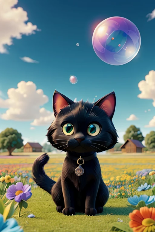 Black cat riding on a big soap bubble　Flower Field　colorful　Breeze　grassland