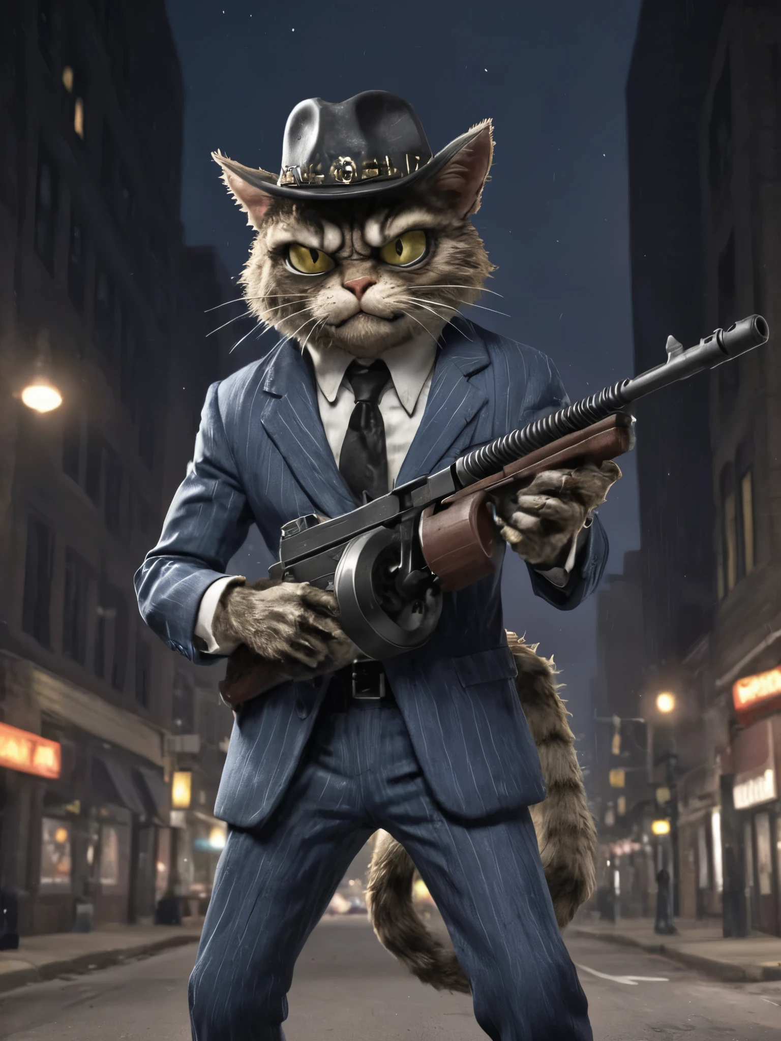 Plants vs. Zombies style, anthropomorphic furry cat in a gangster suit carrying a tmmygn submachine gun in a nighttime Chicago street. Cowboy shot.