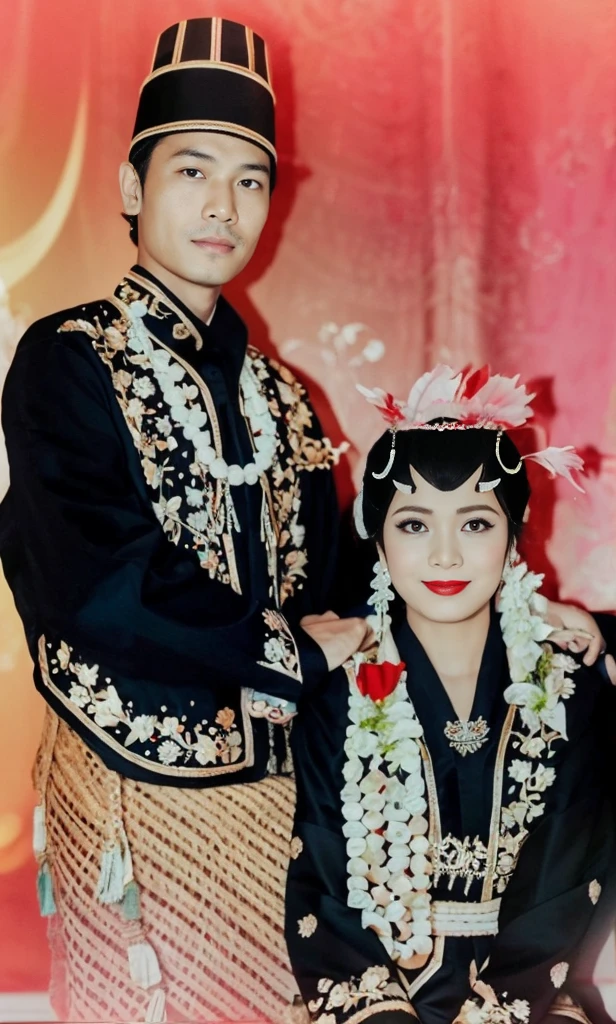 The image shows two men and a woman dressed in traditional Indonesia attire, seated in front of a vibrant background.