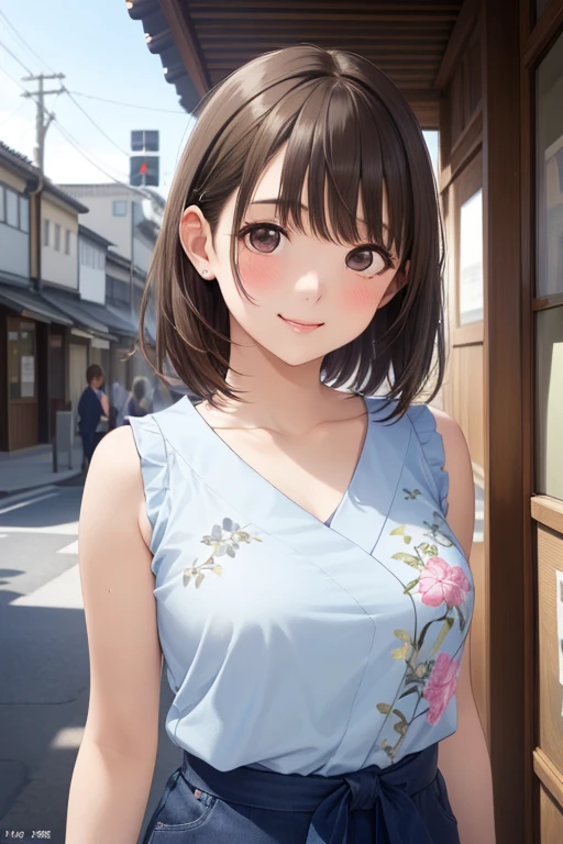 anegasaki nene、Shiny brown hair, short hair, (Beautiful brown eyes、Sparkling eyes, Fine grain)、smile、Ultra-detailed eyes、Highly detailed face, Highly detailed eyes,Cowboy Shot、



(masterpiece:1.2, Highest quality, 8k, Advanced Details), (Realistic, photoRealistic:1.4), Beautiful illustrations, 
Looking at the audience,  Front view:0.6, 

young woman、smile、blush、masterpiece、High resolution、16K、Spring outfits in fresh colors、(Very close:1.5)、Explore the city of Kyoto、(Painting of the upper body:1.5)