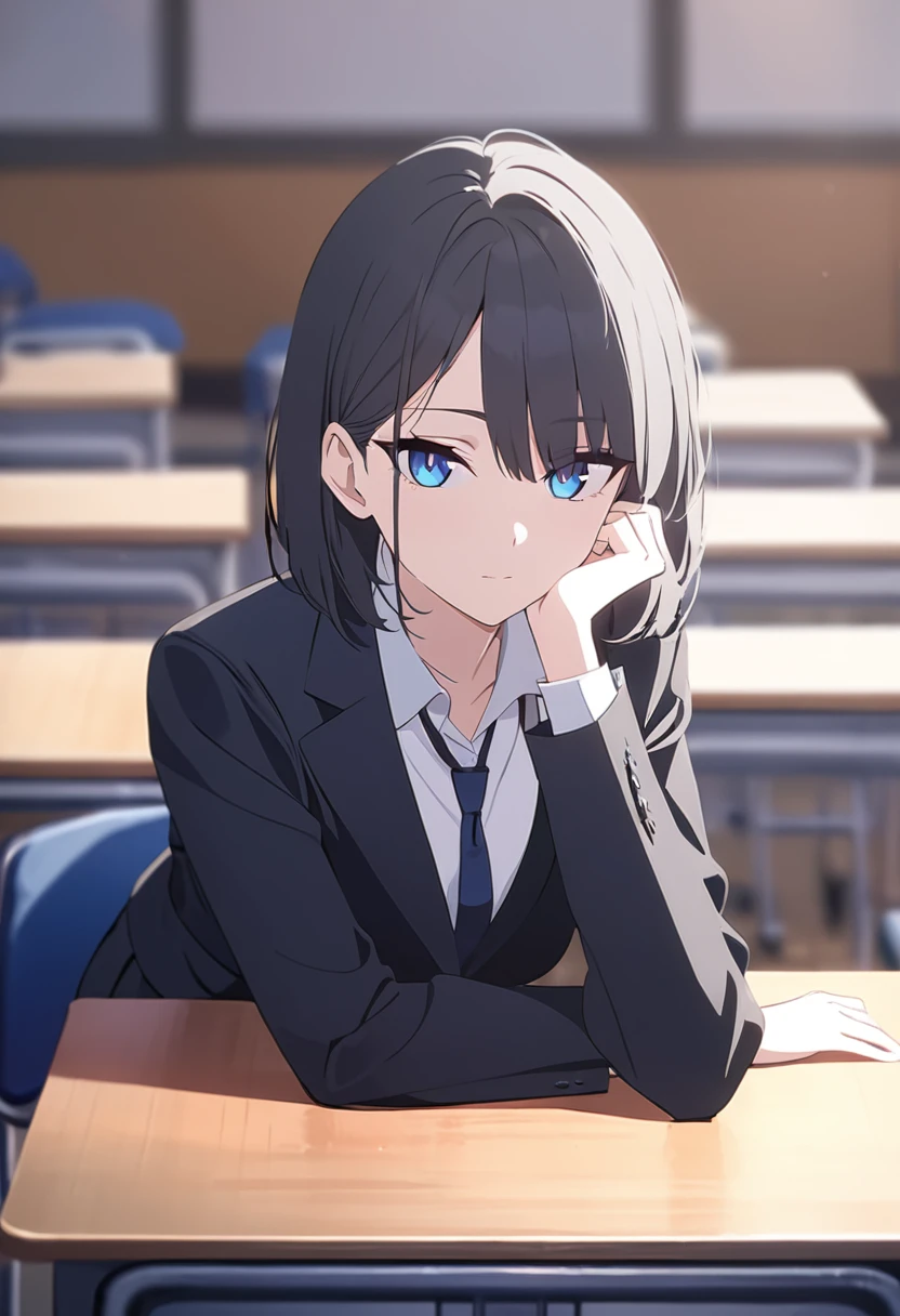 masterpiece,best quality,depth of field,8k,looking at the viewer,dark gray hair,blue eyes,(charismatic eyes 1:1),chic,Black suit pants,plain white shirt,alone,College student sitting at desk in classroom