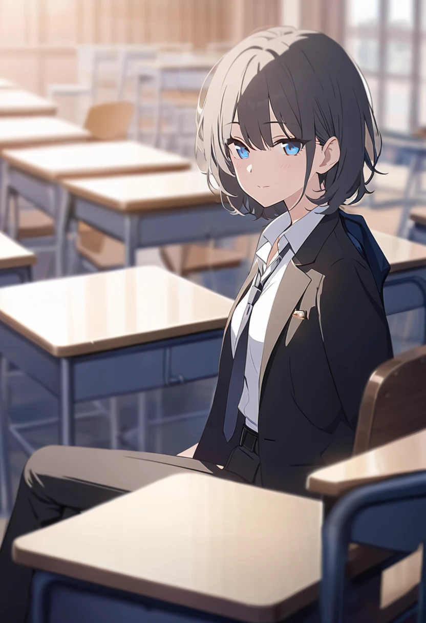 masterpiece,best quality,depth of field,8k,looking at the viewer,dark gray hair,blue eyes,(charismatic eyes 1:1),chic,Black suit pants,plain white shirt,alone,College student sitting at desk in classroom