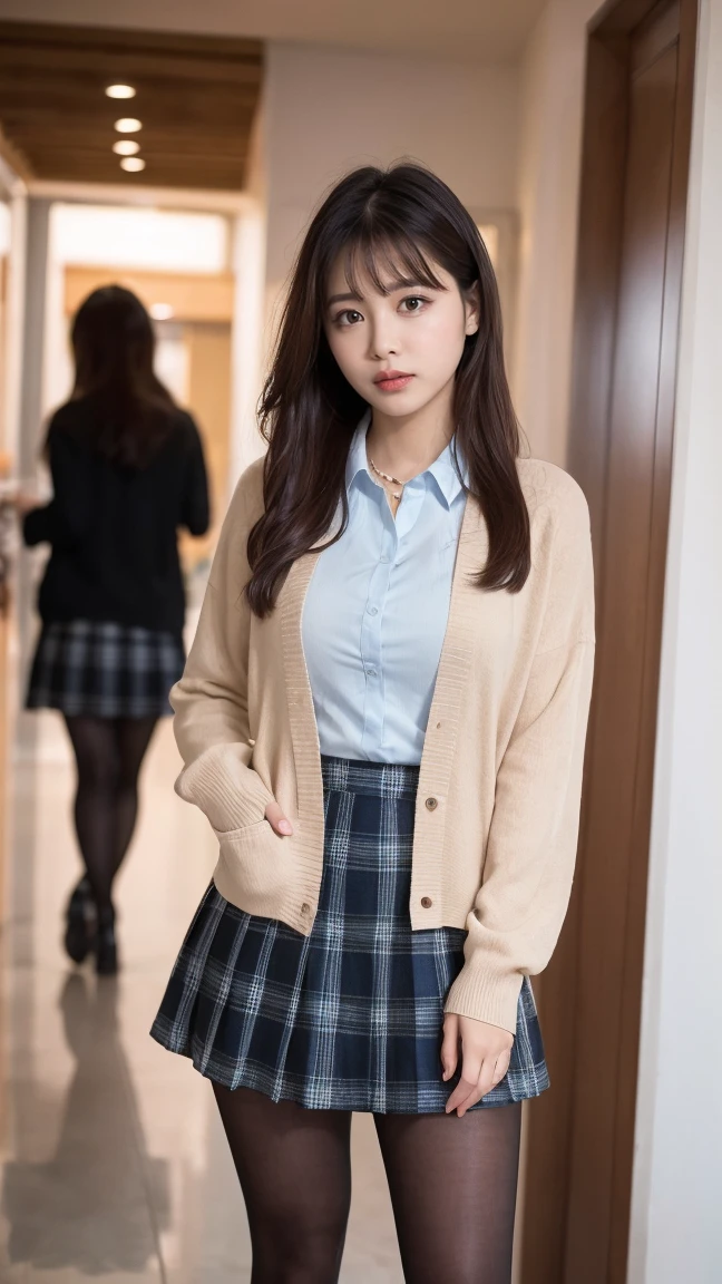 (((8k、High resolution、Highest quality、High resolution)))alone、Natural body shape、White skin、Natural Makeup、((Black Hair、bangs、Straight Long Hair))、(((((skirt lift)))))、、(I can see her panties:1.4)、((Detailed Panty Pattern、Panty Focus))、(((((Full body photo)))))、(((Looking into the camera)))、(((Wear a uniform on the upper body)))、Bedroom、(((Of high school))) 、((white collared long sleeve blouse))、((Beige cardigan))、((Pleated skirt with dark blue plaid pattern、mini skirt、Ultra-realistic pantyhose))、、、Embarrassed expression、Embarrassed、((Exposing thighs))