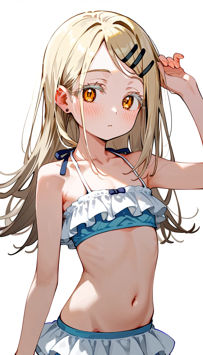 Highest quality, masterpiece, No correction, Beark,shinosawa hiro,thin,Orange eyes,White eyelashes,Blonde,Long Hair,Hair Clip,flat chest,white background,blush,frilled bikini