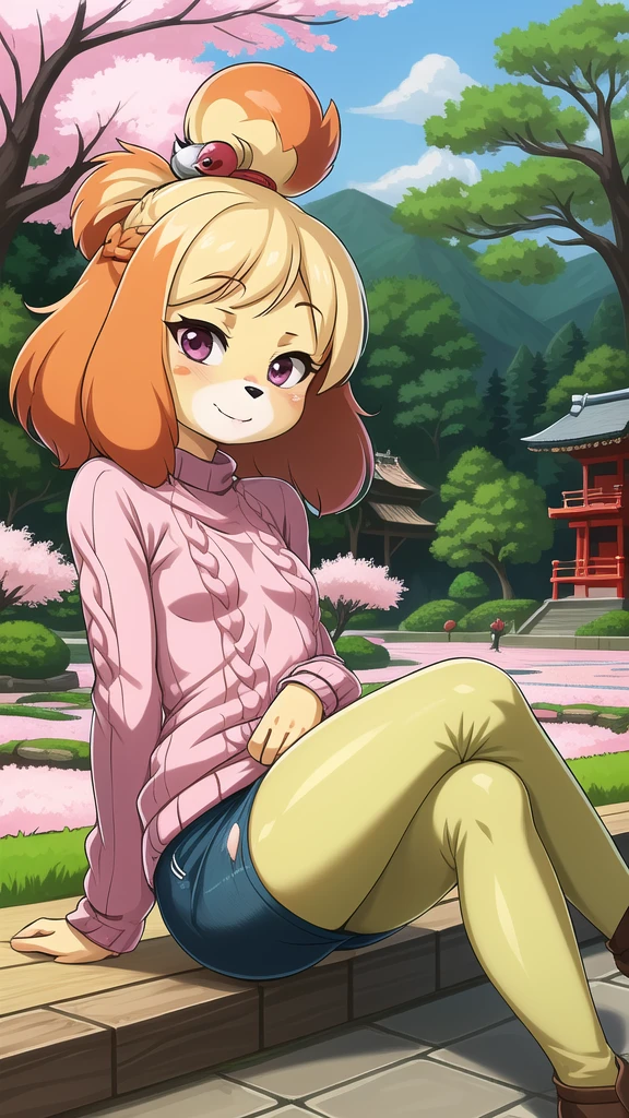 (Isabelle \(Protect animals\):1.1), (masterpiece, best quality:1.15), 1 Girl, Solitary, Small Breasts, Looking at the audience, Maroon eyes, permanent, Cross your legs, Even attract, Killer sweater, jeans, sky, picturesque, Idyllic, outdoor, Cherry blossoms, Tree, Japanese Architecture, garden, pink, Flowers, petal, falling petal, Japanese Garden, used to be, Cherry blossoms, Long hair, French Braid, Ahog, affectionate, Small heads, Small Eyes, Flat nose