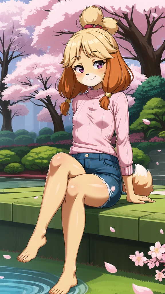 (Isabelle \(Protect animals\):1.1), (masterpiece, best quality:1.15), 1 Girl, Solitary, Small Breasts, Looking at the audience, Maroon eyes, permanent, Cross your legs, Even attract, Killer sweater, jeans, sky, picturesque, Idyllic, outdoor, Cherry blossoms, Tree, Japanese Architecture, garden, pink, Flowers, petal, falling petal, Japanese Garden, used to be, Cherry blossoms, Long hair, French Braid, Ahog, affectionate, Small heads, Small Eyes, Flat nose