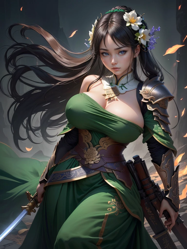 a woman in a green dress holding a sword and a flower, inspired by Li Mei-shu, inspired by Shen Zhou, inspired by Wu Li, inspired by Wu Zuoren, yun ling, inspired by Ju Lian, inspired by Li Tang, full body xianxia, inspired by Qiu Ying, inspired by Lan Ying, xianxia hero, Highly detailed CG unit 8k wallpaper, masterpiece, High resolution, highest quality, highest quality real texture skin, Super Real, Digital Painting, Best image quality, 最High resolution, 8k, ((Highly detailed eyes and face)), 1girl, Beautiful eyes every detail, Full Body Shot, Saggy breasts, Gravity-dependent breasts, long chest, Heavy chest, disproportionate breasts, huge breasts, sagging breasts, gigantic breasts, erect nipple,
