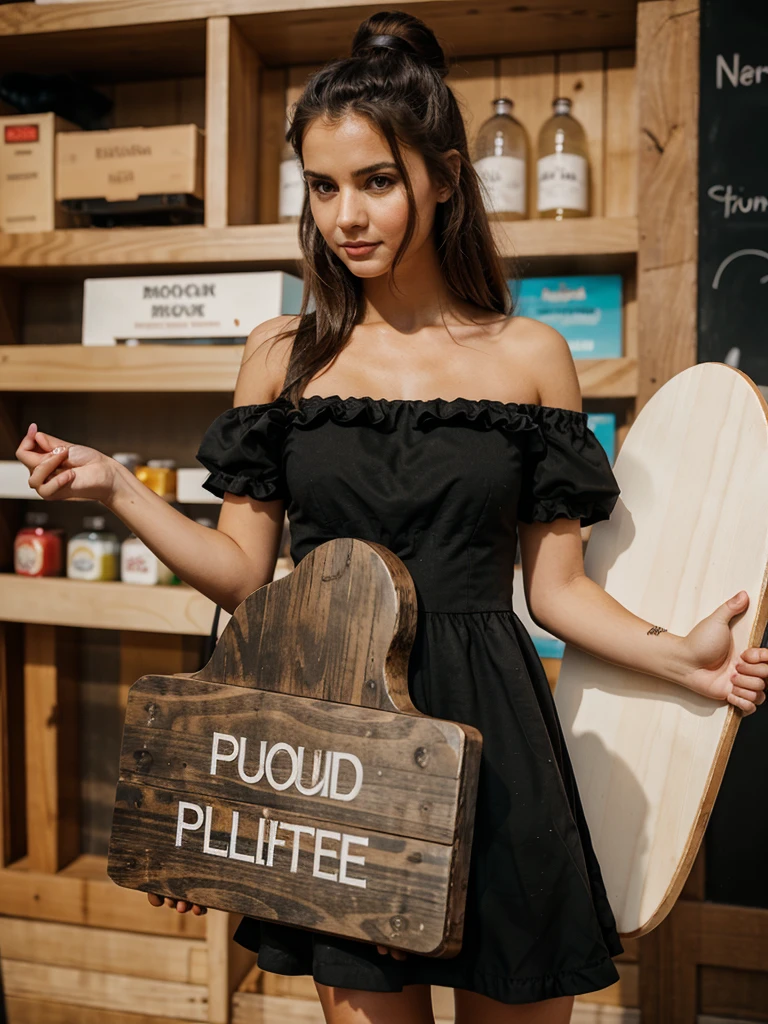 Hot girl in black ruffle dress holding a small board written four thousand followers in english