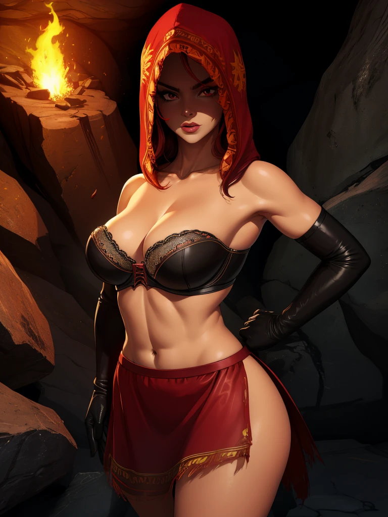 Dsorceress, redhair, shadowy face,dark cave, fire, hood, shadowed face, strapless bra, slim and athletic body, miniskirt, no panty, elbow gloves, dark skin, 1 girl (insanely detailed, masterpiece, best quality)