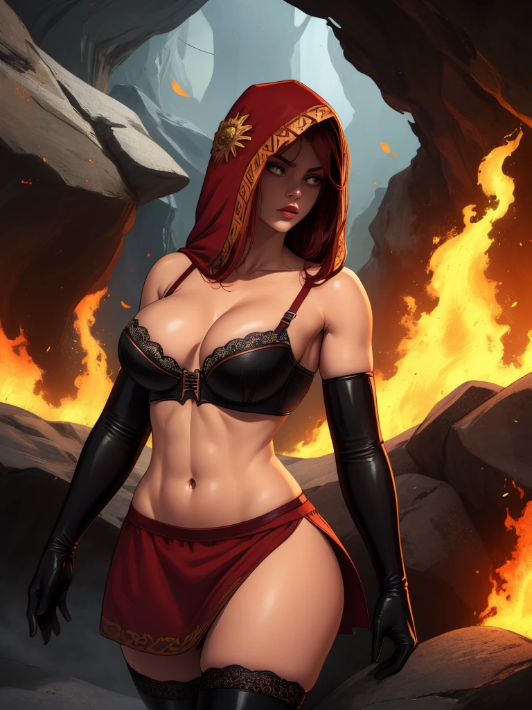 Dsorceress, redhair, shadowy face,dark cave, fire, hood, shadowed face, strapless bra, slim and athletic body, miniskirt, no panty, elbow gloves, dark skin, 1 girl (insanely detailed, masterpiece, best quality)
