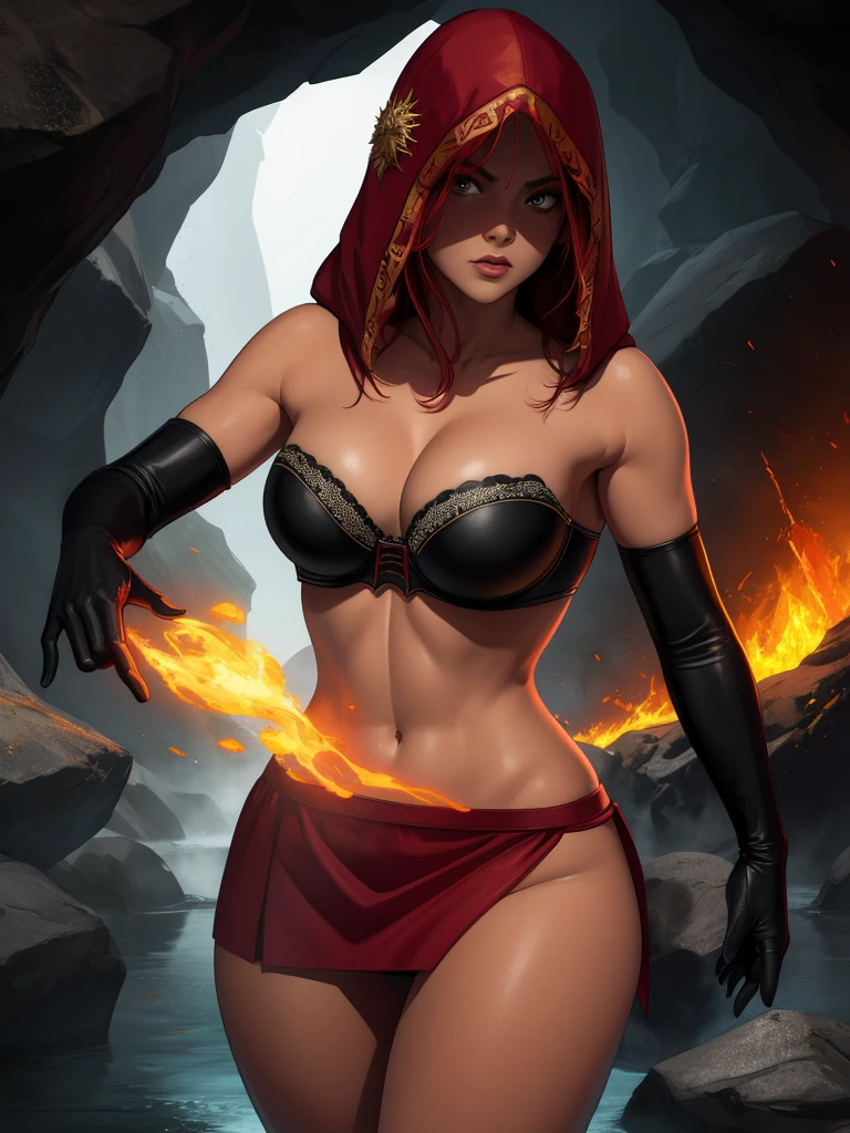 Dsorceress, redhair, shadowy face,dark cave, fire, hood, shadowed face, strapless bra, slim and athletic body, miniskirt, no panty, elbow gloves, dark skin, 1 girl (insanely detailed, masterpiece, best quality)