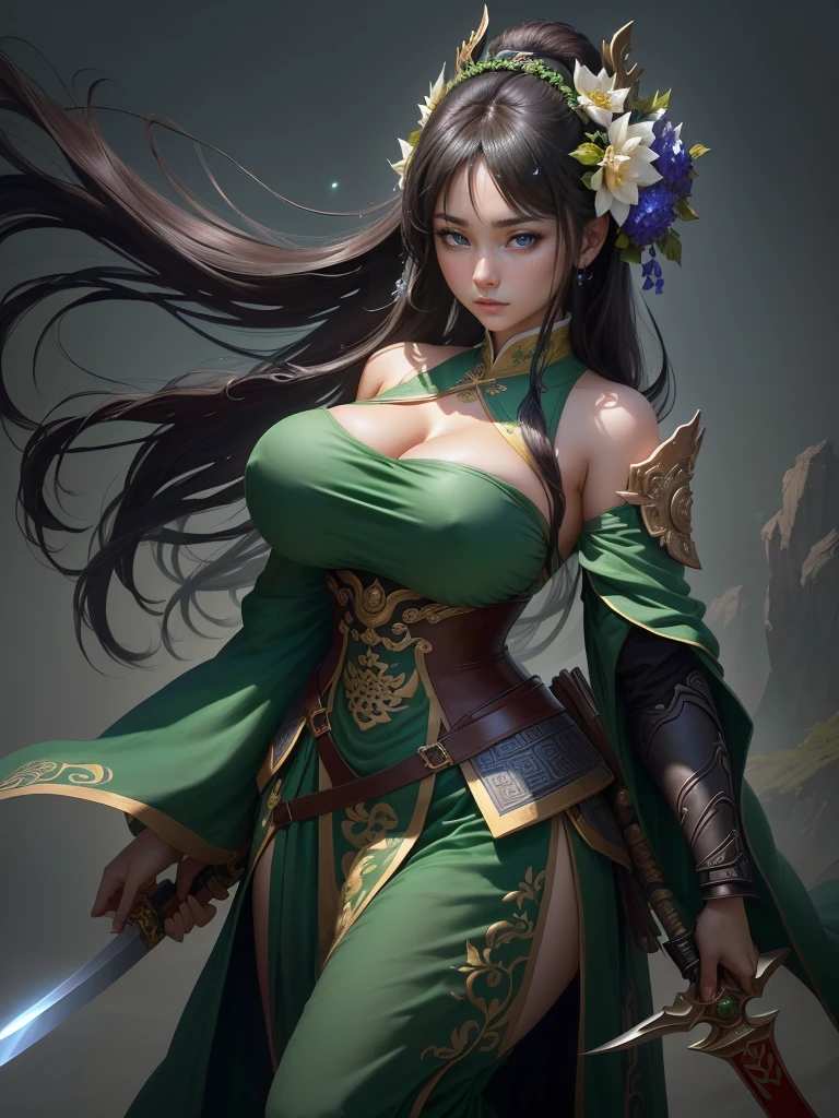 a woman in a green dress holding a sword and a flower, inspired by Li Mei-shu, inspired by Shen Zhou, inspired by Wu Li, inspired by Wu Zuoren, yun ling, inspired by Ju Lian, inspired by Li Tang, full body xianxia, inspired by Qiu Ying, inspired by Lan Ying, xianxia hero, Highly detailed CG unit 8k wallpaper, masterpiece, High resolution, highest quality, highest quality real texture skin, Super Real, Digital Painting, Best image quality, 最High resolution, 8k, ((Highly detailed eyes and face)), 1girl, Beautiful eyes every detail, Full Body Shot, Saggy , Gravity-dependent breastschest, Heavy chest, disproportionate breasts, huge , sagging breagantic breasts, epple, 