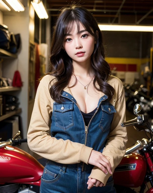 You are a professional photographer。masterpiece、８K、Highest quality, Soft Light, Ultra-high resolution, (Realistic:1.4), RAW Photos,24 years old Japanese girl, alone, cute, (pupil, Light in your eyes),  Beautiful face in every detail, (Small box),(High resolution detail of human skin texture),Cleavage
、American motorcycle repair shop、Harley mechanic、Work Style、Wearing a jumpsuit、Wear long-sleeved work clothes、Roll up your sleeveaintain your bike、Accurate background
、(Portraiture)