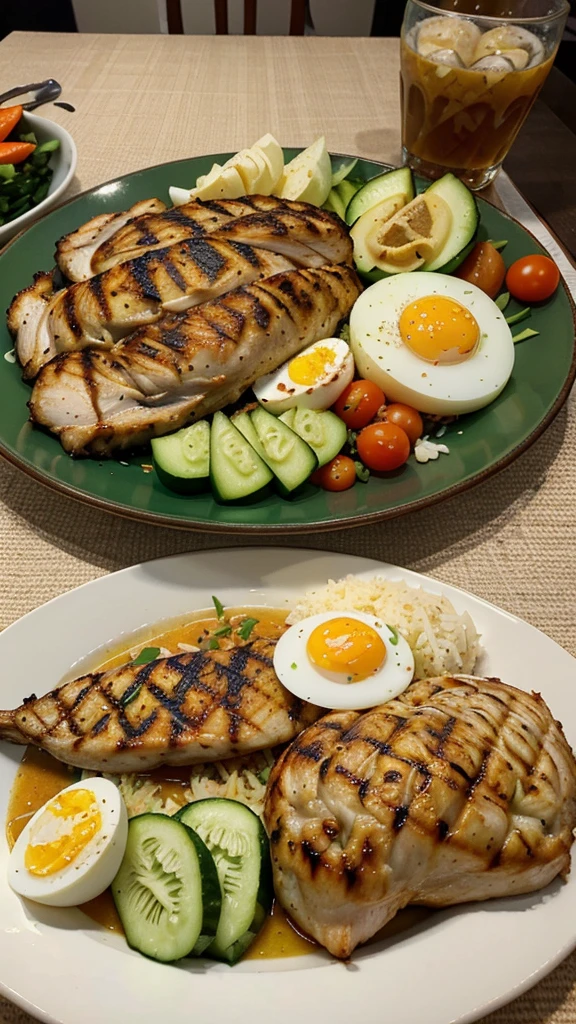 ((best quality)), ((masterpiece)), (detailed), a plate of nasi kubibg with grilled whole chicken, salted fish, boiled egg, cucumber, tomato, carrot