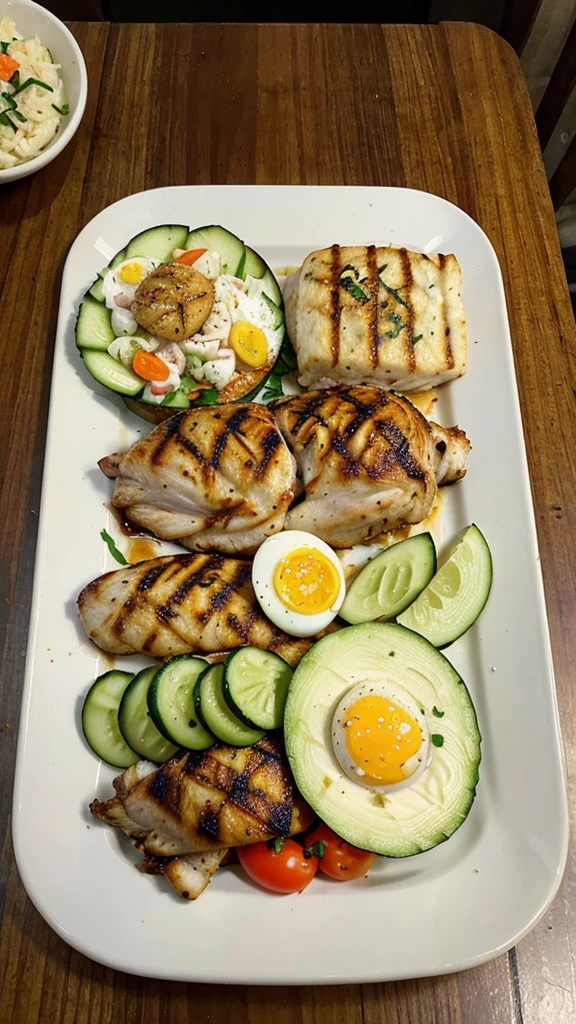 ((best quality)), ((masterpiece)), (detailed), a plate of nasi kubibg with grilled whole chicken, salted fish, boiled egg, cucumber, tomato, carrot