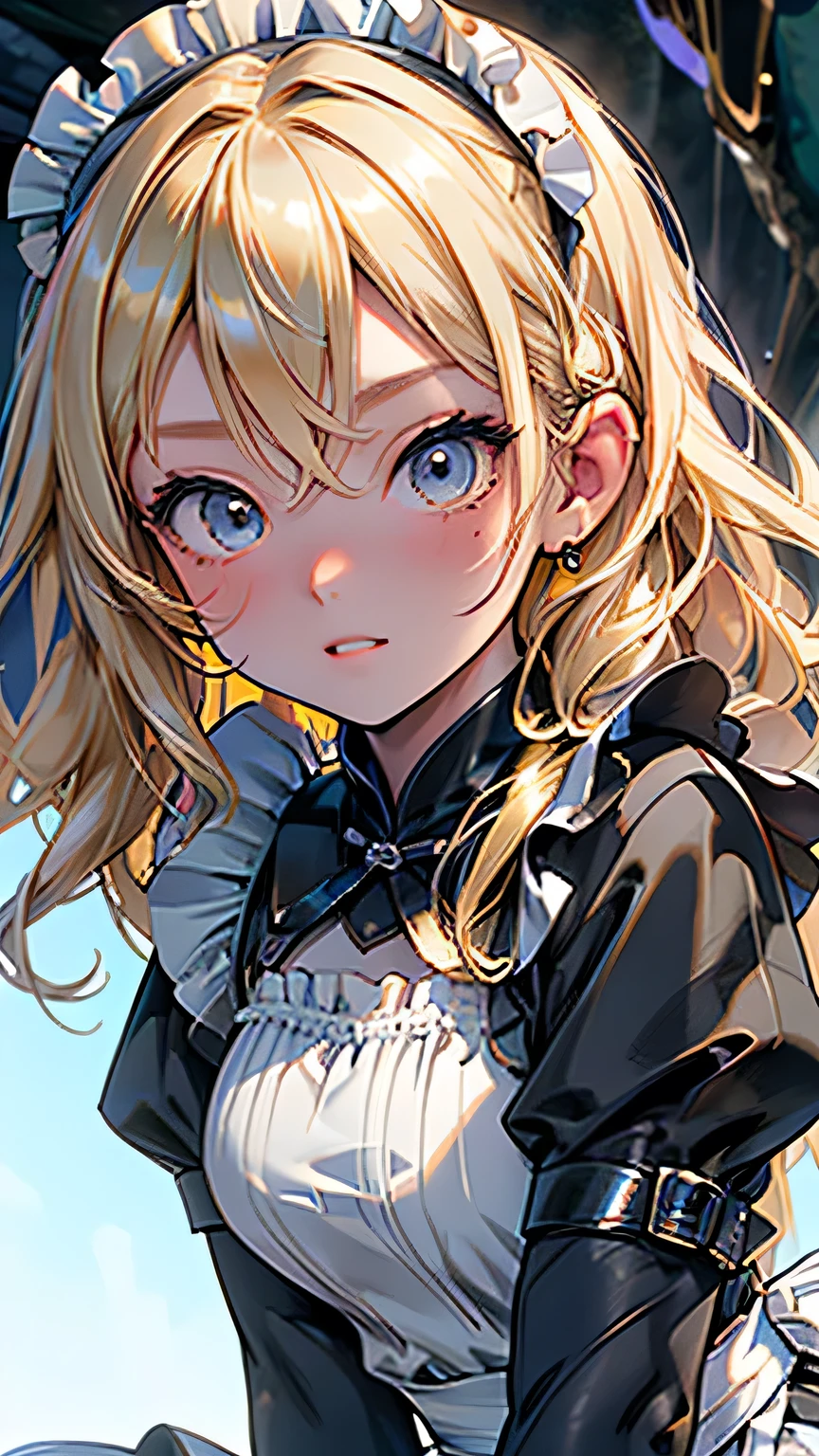 (Surreal), (picture), (High resolution), (In 8K), (Very detailed), (Best Illustration Photos), (Beautiful and fine details), (Highest quality), (Ultra-detailed), (masterpiece), (wallpaper), (Detailed face), solo, One Girl, Blonde Wavy Hair, Korean Beauty,Black Eyes, ((A loose-fitting blue and yellow checked maid outfit)), Long legs, Toned Abs, stockings、((In a dark cave))、(Pause_random)、(((Face close-up))), Face close-up