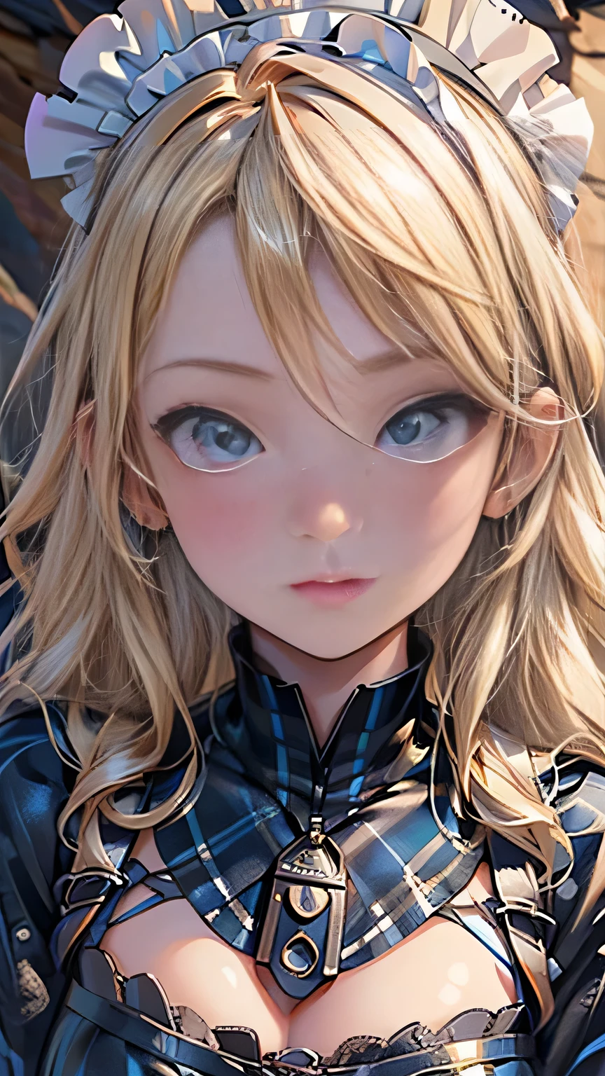 (Surreal), (picture), (High resolution), (In 8K), (Very detailed), (Best Illustration Photos), (Beautiful and fine details), (Highest quality), (Ultra-detailed), (masterpiece), (wallpaper), (Detailed face), solo, One Girl, Blonde Wavy Hair, Korean Beauty,Black Eyes, ((A loose-fitting blue and yellow checked maid outfit)), Long legs, Toned Abs, stockings、((In a dark cave))、(Pause_random)、(((Face close-up))), Face close-up