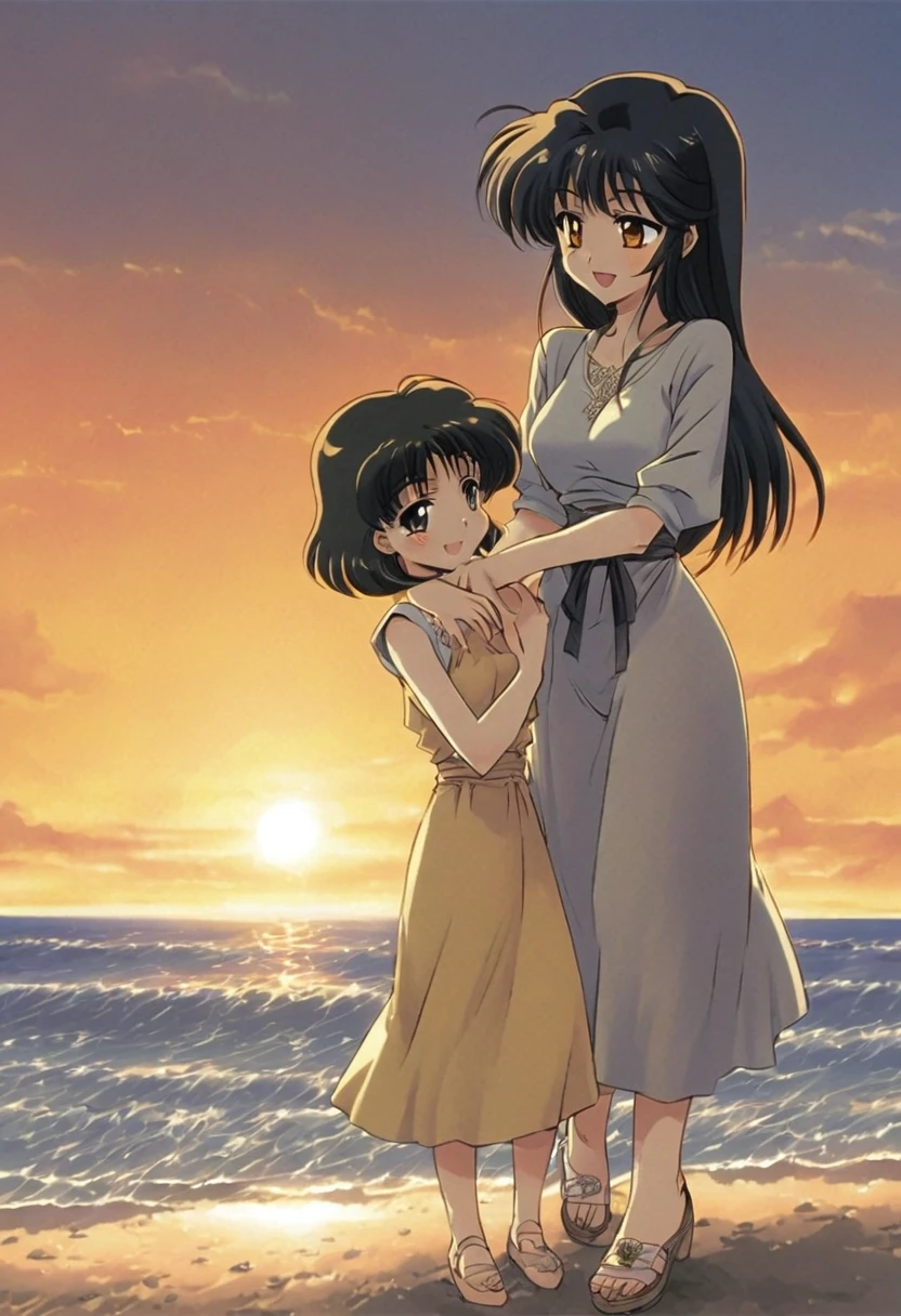 In thai novel art style A couple safic of Two young adult South Korean women with height differences. The oldest in her twenty-eight with her black hair and shorter height and the youngest with her twenty-four years being more than his girlfriend. Embraced on the shore between sand and sea, they smile like a couple in love while the orange sunset sun illuminates their faces, which are enveloped by the beige colors of the sunset.
