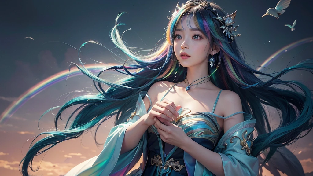 (((masterpiece))), (((Highest quality))), ((Very detailed)),(Highly detailed CG illustrations), ((Very delicate and beautiful)),Cinematic Light, 現在流行しているGenreの巨匠のスタイルを模倣した、Create stunning fantasy artwork。. In the works of art、It should contain elements of both mythical and fairytale fantasy with dreamy rainbow accents。. ((Use the rainbow as your main color.)) The characters in this work are、神秘とGives off an aura of magic繊細でありながら力強い人物であり、 (美しいTranslucent rainbowの羽). Pay close attention to complex facial features, Create captivating eyes with vibrant colors and bold shadows. Character clothing should be designed with thin feathers, silk, Beautiful embroidery, Subtle iridescent details. insert (((Translucent rainbow))), Dreamy colors, Dynamic Lighting, Detailed background elements that create awe and immersion. Gives off an aura of magic、Colorful magical birds and jewel-like rainbow butterflies々Draw. Considering the latest trends in fantasy art, Unique lighting effects, Exploring dynamic and engaging compositional techniques, Try out unique color palettes. Get inspired by top artists from ArtStation and Midjourney. camera: Highlight the beauty of the characters、Choose an angle that enhances the magical majesty of your artwork。. Lighting: Utilize atmospheric lighting techniques to create depth and atmosphere. solve: Aim for high-resolution artwork for exquisite detail and clarity. Art inspiration: Get inspired by popular artists with ArtStation, Explore different styles, Genre, theme.