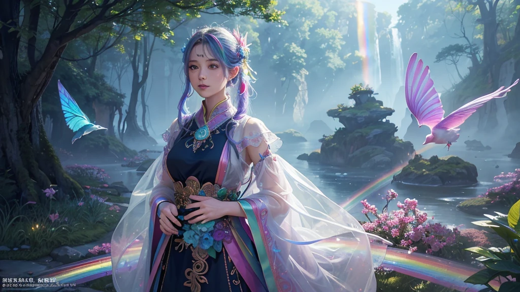 (((masterpiece))), (((Highest quality))), ((Very detailed)),(Highly detailed CG illustrations), ((Very delicate and beautiful)),Cinematic Light, 現在流行しているGenreの巨匠のスタイルを模倣した、Create stunning fantasy artwork。. In the works of art、It should contain elements of both mythical and fairytale fantasy with dreamy rainbow accents。. ((Use the rainbow as your main color.)) The characters in this work are、神秘とGives off an aura of magic繊細でありながら力強い人物であり、 (美しいTranslucent rainbowの羽). Pay close attention to complex facial features, Create captivating eyes with vibrant colors and bold shadows. Character clothing should be designed with thin feathers, silk, Beautiful embroidery, Subtle iridescent details. insert (((Translucent rainbow))), Dreamy colors, Dynamic Lighting, Detailed background elements that create awe and immersion. Gives off an aura of magic、Colorful magical birds and jewel-like rainbow butterflies々Draw. Considering the latest trends in fantasy art, Unique lighting effects, Exploring dynamic and engaging compositional techniques, Try out unique color palettes. Get inspired by top artists from ArtStation and Midjourney. camera: Highlight the beauty of the characters、Choose an angle that enhances the magical majesty of your artwork。. Lighting: Utilize atmospheric lighting techniques to create depth and atmosphere. solve: Aim for high-resolution artwork for exquisite detail and clarity. Art inspiration: Get inspired by popular artists with ArtStation, Explore different styles, Genre, theme.