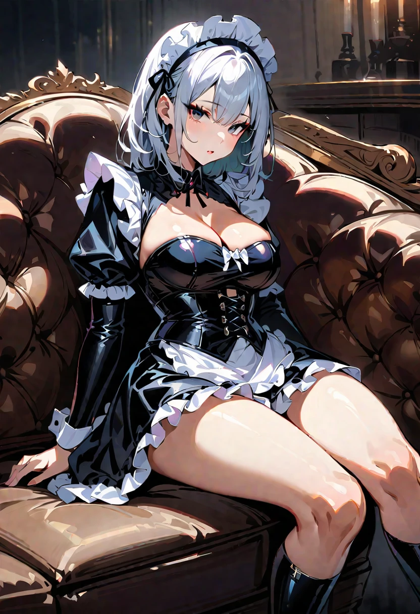 1 young woman,(Highest quality,Extremely detailed depiction,Incredibly absurd high resolution,Anatomically accurate depiction,Perfect body,Two curvaceous legs),(Glowing Skin,Shiny skin,Oilskin),(Black and white latex maid outfit,Maid Skirt,corset,black tights,High heels),eyelash,(Black Eyes,Light,Sleepy look,There is cleavage in the chest,black lipstick,Heavy makeup,eye shadow,mascara,eyeliner,sitting on the sofa with one&#39;s knees up),Sweat,(whole body),(background:Night room),Purple light,From below:1.3