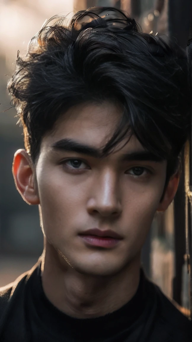 Create a hyper-realistic close-up portrait of a handsome young boy korean, wear black tshirt. He hair is a black uppercut hair, giving a magical and ethereal look. The lighting is soft and flattering, highlighting the delicate features of his face. His expression is gentle and smiling, with a subtle hint of mystery. The background is blurred to keep the focus entirely on his captivating face, enhancing the dreamy and otherworldly atmosphere. UHD, 4K. Masterpice