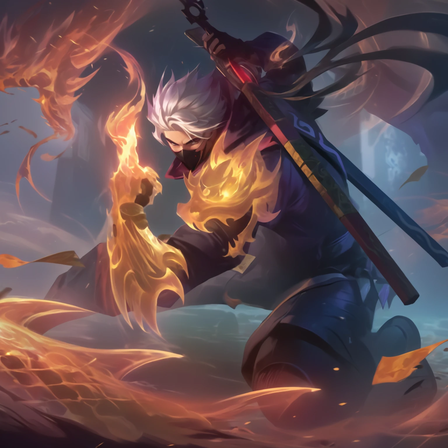 there is a man with a sword and a fire in his hand, official splash art, iconic character splash art, splash art, riot games concept art, league of legends art, league of legends art style, league of legends style art, g liulian art style, league of legends splash art, by Yang J, league of legends character art, character splash art