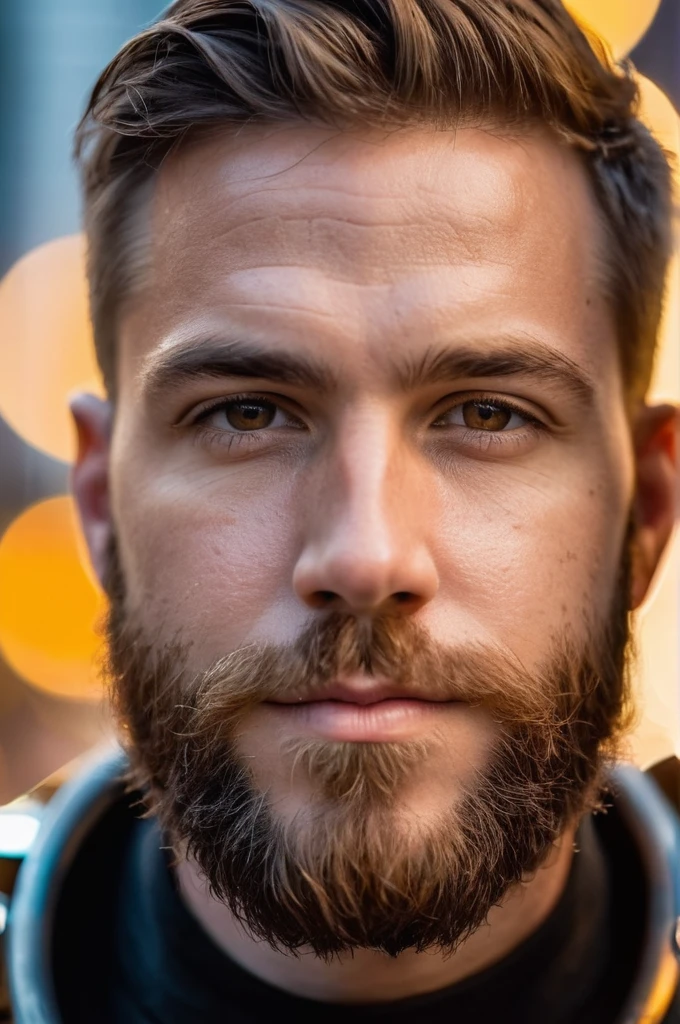 close up Portrait photo of muscular bearded guy in a worn mech suit, ((light bokeh)), intricate, (steel metal [rust]), elegant, sharp focus, photo by greg rutkowski, soft lighting, vibrant colors, masterpiece, ((streets)), detailed face