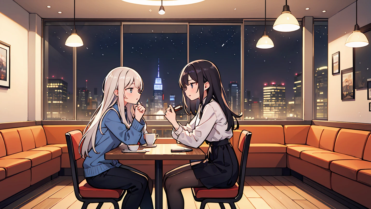(masterpiece, best quality),Two women with different faces and hairstyles, different hair colors, different faces, long hair, letterboxed, perfection of fashion,chapped lips, casual attire, bust, from the side,At a cafe with a night view of New York outside the floor-to-ceiling window, study at the table, My eyes are focused on the notes, together, stylish outfit,