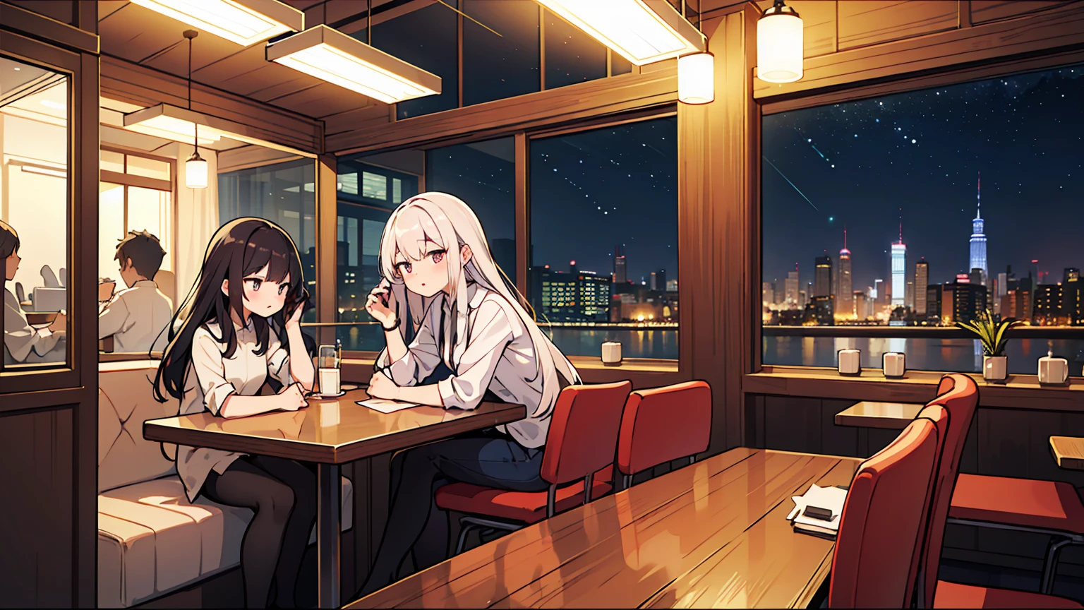 (masterpiece, best quality),Two women with different faces and hairstyles, different hair colors, different faces, long hair, letterboxed, perfection of fashion,chapped lips, casual attire, bust, from the side,At a cafe with a night view of New York outside the floor-to-ceiling window, study at the table, My eyes are focused on the notes, together, stylish outfit,
