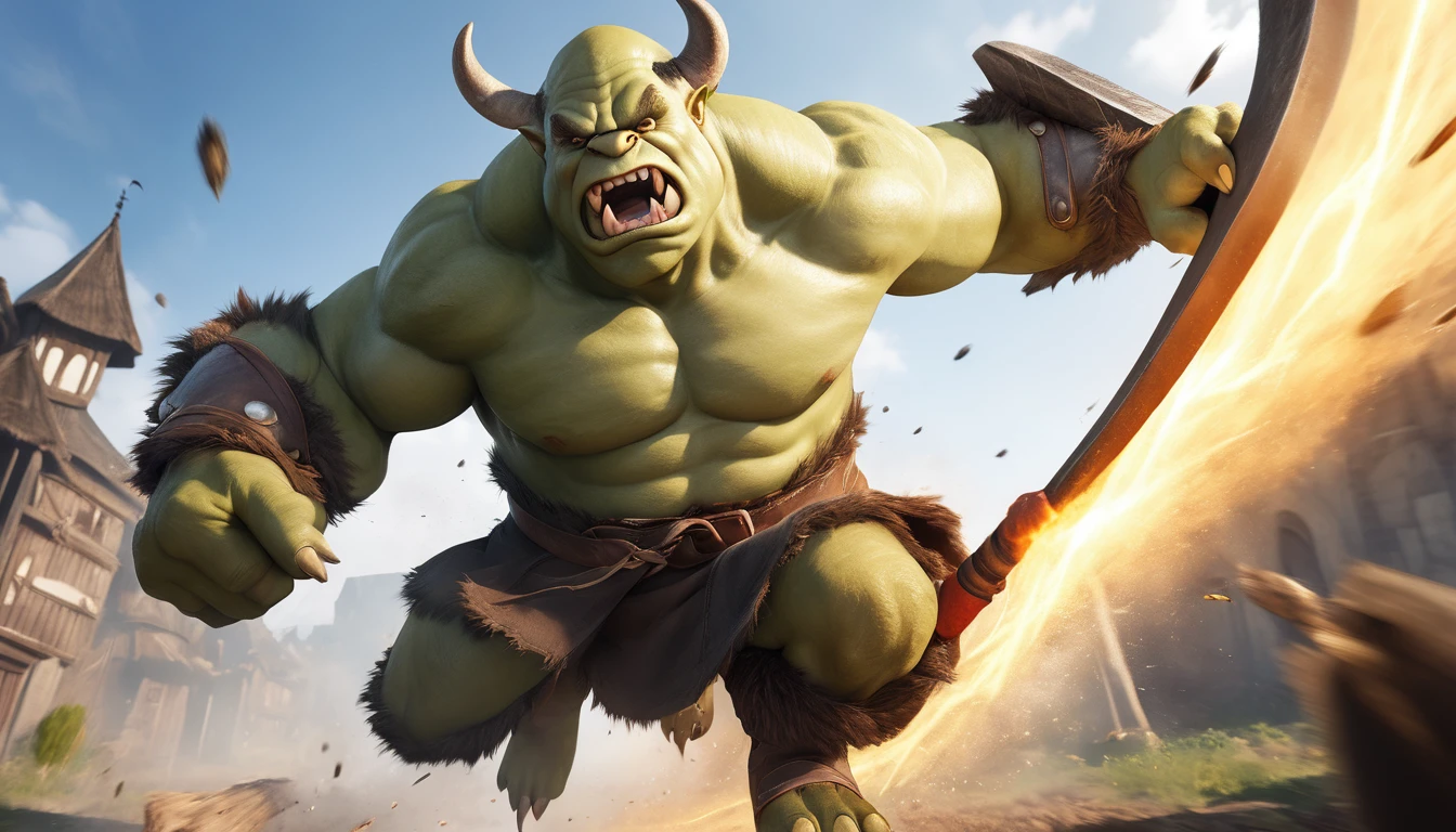 Realistic photos, RAW Photos, ogre, attacks viewer, Powerful movements, jump on prey, ((Dynamic jump)), Sharp Claws, ogre approaching from above, sudden approach, Bad-tempered, dynamic Shot from grand, swing a big ax