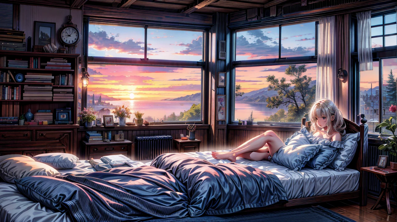 a bedroom with a bed and a book shelf, sunrise coloring the room, photorealistic room, bedroom in studio ghibli, painting of a room, soft glowing windows, personal room background, dream atmosphere, a sunny bedroom, cozy room, bedroom background, by Evgeny Lushpin, thomas kinkade. cute cozy room, cute room, realistic windows, dreamy scene, 4k hd,, beautiful art uhd 4 k, a beautiful artwork illustration, beautiful digital painting, highly detailed digital painting, beautiful digital artwork, detailed painting 4 k, very detailed digital painting, rich picturesque colors, gorgeous digital painting