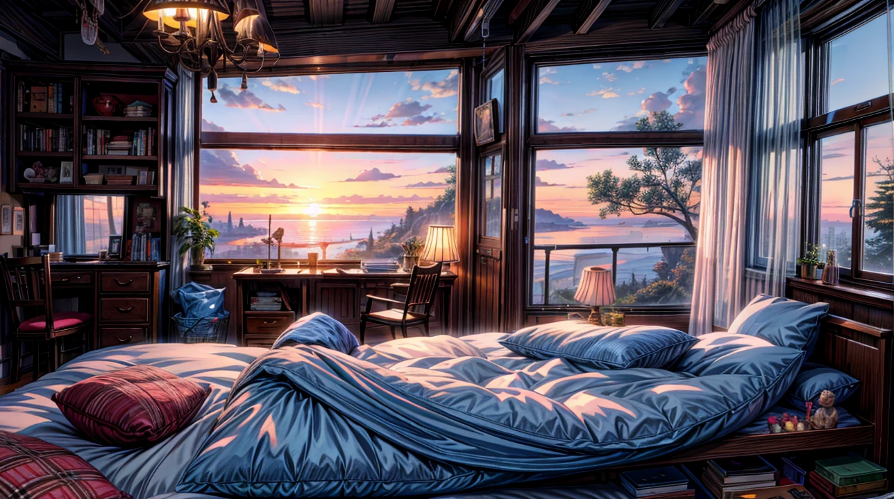 a bedroom with a bed and a book shelf, sunrise coloring the room, photorealistic room, bedroom in studio ghibli, painting of a room, soft glowing windows, personal room background, dream atmosphere, a sunny bedroom, cozy room, bedroom background, by Evgeny Lushpin, thomas kinkade. cute cozy room, cute room, realistic windows, dreamy scene, 4k hd,, beautiful art uhd 4 k, a beautiful artwork illustration, beautiful digital painting, highly detailed digital painting, beautiful digital artwork, detailed painting 4 k, very detailed digital painting, rich picturesque colors, gorgeous digital painting