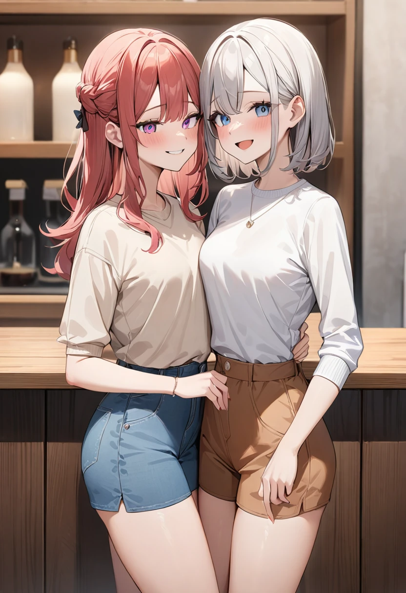 (masterpiece, top quality, very aesthetic, 4k、illustration), intricate detail, 2girls,Standing 、(cowboy shot)、smile、()、yuri,
Cute 、Random Hair Color、,middle hair,sidelock ,Random eyes Color、Casual attire、small breasts、Slim 、