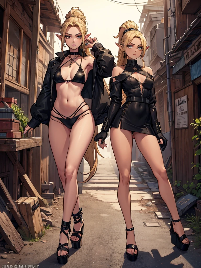 8K, Top Quality, Intricate Details, Ultra Detail, Ultra High Resolution, Masterpiece, full body, Very tall, dark skinned female elf; slender, blonde hairs and incredible long ponytail; strong makeup; brown eyes; small pointy breast; sensual midriff; wearing superhighplatform sandals, desert abandoned city, jewelery, necklace, earrings, black bikini top, short leather jacket, thongs with a lot of strings, leather skirt, long fingernails; gloves, rings, best quality, expressive eyes, perfect face, masterpiece, slim body, very long legs, detailed stomach, detailed hips, detailed legs, carefully drawn toes, carefully drawn feet, carefully drawn hands, best quality, drawn with careful, Dynamic Angle, Highly detailed, seductive eyes, NTR