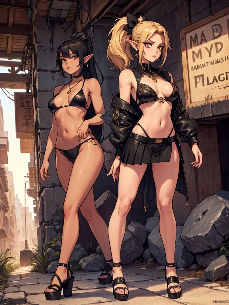 8K, Top Quality, Intricate Details, Ultra Detail, Ultra High Resolution, Masterpiece, full body, Very tall, dark skinned female elf; slender, blonde hairs and incredible long ponytail; strong makeup; brown eyes; small pointy breast; sensual midriff; wearing superhighplatform sandals, desert abandoned city, jewelery, necklace, earrings, black bikini top, short leather jacket, thongs with a lot of strings, leather skirt, long fingernails; gloves, rings, best quality, expressive eyes, perfect face, masterpiece, slim body, very long legs, detailed stomach, detailed hips, detailed legs, carefully drawn toes, carefully drawn feet, carefully drawn hands, best quality, drawn with careful, Dynamic Angle, Highly detailed, seductive eyes, NTR