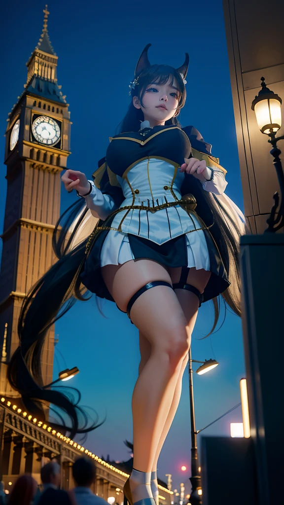 Medieval European town、((((A girl bigger than the city))))、(((Azur Lane Cheshire Cosplay)))Looking up from below,50 foot tall giant girl,Has super long legs,((Bend)),((A pair of huge breasts)),((Plump thighs))、high school student,mini skirt,Long black hair,Beautiful appearance,Exquisite makeup,quality,8k,High quality,(governor:1.5),Perfect Proportions, Cinema Lighting,Film Grain,The Colors of Fuji,8k,Textured skin,Super Detail,High detail,high quality,High resolution