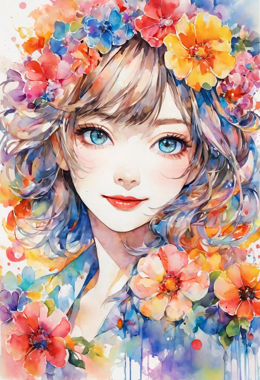 beautiful woman portrait, cute smile, Sylvia Pelissero watercolors, colorful flowers, beautiful eyes, upper body, abstract art, intense watercolor, watercolor detailed art, watercolor splash, surreal, avant-garde pop art, Beautiful and expressive paintings, Beautiful artwork illustration, very colorful tones, wonderful, cool beauty, highest quality, official art, women only, sharp outline, best shot, vector art, lips in love、 (((The strongest beautiful women of all time))), (((Japanese)))、clear, (((highest quality))), lips in love, HDR, ((Detailed details)), stylish fashion, detailed clothing texture, (((graffiti art))), colorful hair, ((masterpiece))、((Super detailed))