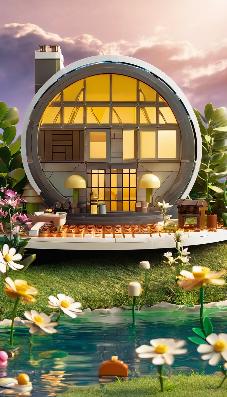 Tik Tok logo，Miyazaki illustration style，nature，house，warm light，Rim Light，Mood lighting，Mid-shot，Lego，Super Fine，Ultra HD