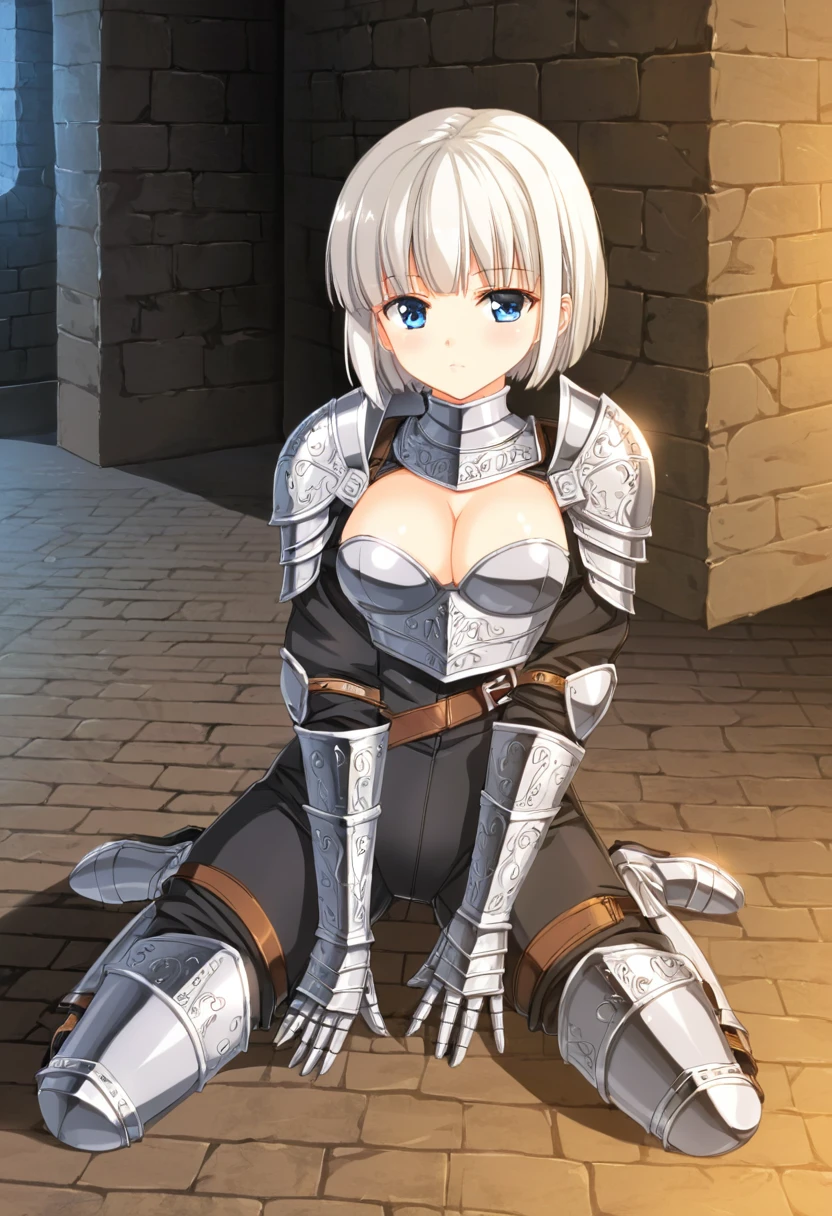 (((masterpiece))), (((best quality))), ((ultra-detailed)), (cinematic lighting), (illustration), (beautiful detailed eyes), (1girl), full body, knight, armour, light hair, best quality, expressive eyes, perfect face, Girl: (20s, white hair, short hair, black jumpsuit, grey and blue armour), dungeon, brick floor, stone floor, urushisato, mimic chest