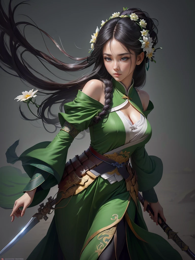 a woman in a green dress holding a sword and a flower, inspired by Li Mei-shu, inspired by Shen Zhou, inspired by Wu Li, inspired by Wu Zuoren, yun ling, inspired by Ju Lian, inspired by Li Tang, full body xianxia, inspired by Qiu Ying, inspired by Lan Ying, xianxia hero, Highly detailed CG unit 8k wallpaper, masterpiece, High resolution, highest quality, highest quality real texture skin, Super Real, Digital Painting, Best image quality, 最High resolution, 8k, ((Highly detailed eyes and face)), 1girl, Beautiful eyes every detail, Full Body Shot, erect nipple, 