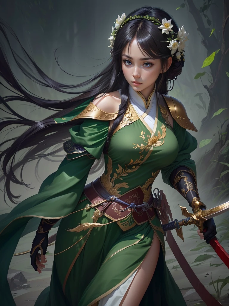 a woman in a green dress holding a sword and a flower, inspired by Li Mei-shu, inspired by Shen Zhou, inspired by Wu Li, inspired by Wu Zuoren, yun ling, inspired by Ju Lian, inspired by Li Tang, full body xianxia, inspired by Qiu Ying, inspired by Lan Ying, xianxia hero, Highly detailed CG unit 8k wallpaper, masterpiece, High resolution, highest quality, highest quality real texture skin, Super Real, Digital Painting, Best image quality, 最High resolution, 8k, ((Highly detailed eyes and face)), 1girl, Beautiful eyes every detail, Full Body Shot, erect nipple,
