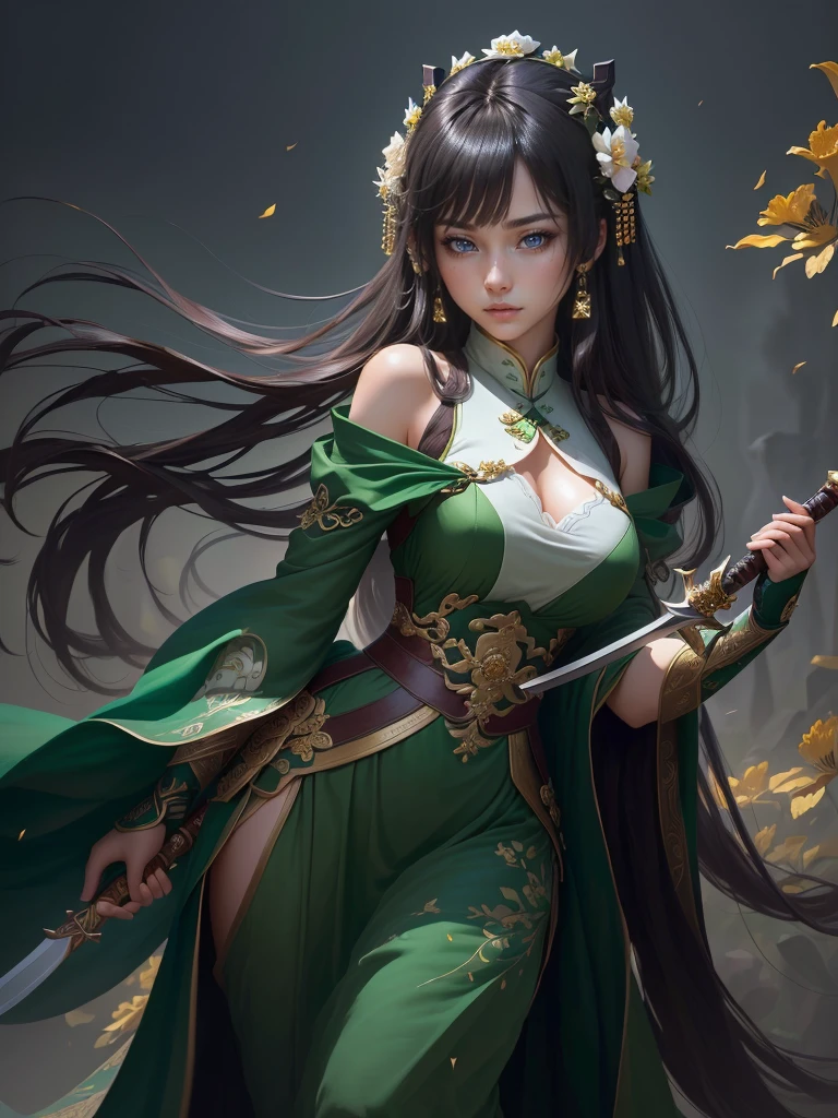 a woman in a green dress holding a sword and a flower, inspired by Li Mei-shu, inspired by Shen Zhou, inspired by Wu Li, inspired by Wu Zuoren, yun ling, inspired by Ju Lian, inspired by Li Tang, full body xianxia, inspired by Qiu Ying, inspired by Lan Ying, xianxia hero, Highly detailed CG unit 8k wallpaper, masterpiece, High resolution, highest quality, highest quality real texture skin, Super Real, Digital Painting, Best image quality, 最High resolution, 8k, ((Highly detailed eyes and face)), 1girl, Beautiful eyes every detail, Full Body Shot, erect nipple,