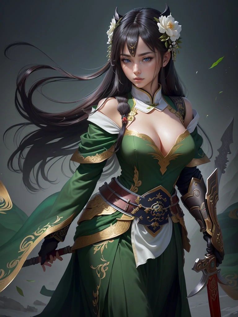 a woman in a green dress holding a sword and a flower, inspired by Li Mei-shu, inspired by Shen Zhou, inspired by Wu Li, inspired by Wu Zuoren, yun ling, inspired by Ju Lian, inspired by Li Tang, full body xianxia, inspired by Qiu Ying, inspired by Lan Ying, xianxia hero, Highly detailed CG unit 8k wallpaper, masterpiece, High resolution, highest quality, highest quality real texture skin, Super Real, Digital Painting, Best image quality, 最High resolution, 8k, ((Highly detailed eyes and face)), 1girl, Beautiful eyes every detail, Full Body Shot, erect nipple, 