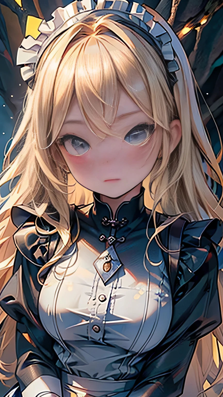 (Surreal), (picture), (High resolution), (In 8K), (Very detailed), (Best Illustration Photos), (Beautiful and fine details), (Highest quality), (Ultra-detailed), (masterpiece), (wallpaper), (Detailed face), solo, One Girl, Blonde Wavy Hair, Korean Beauty,Black Eyes, ((A loose-fitting blue and yellow checked maid outfit)), Long legs, Toned Abs, stockings、((In a dark cave))、(Pause＿random)､(((Face close-up))), Face close-up