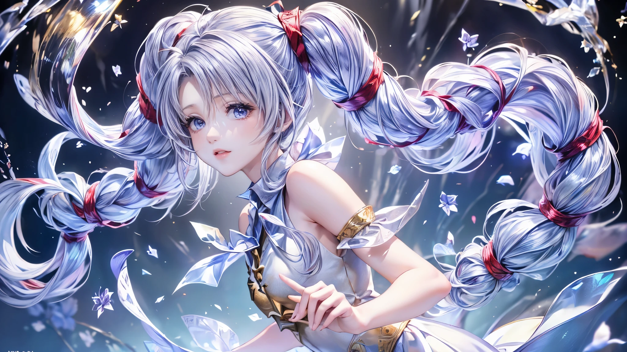 Twin-tailed Girl,Pegasus,Snow Scene,blue sky,(8k, 最high quality, masterpiece: 1.2), ,beautiful girl,Moonlit Night,sexy,Glamour,Purple eyes,sacred,Dynamic pose,One Girl,Flower Field,Lakeside(the best品質を最高に8k, CG, Beautiful and exquisite upper body, Complex facial features, Almond Eyes, Exquisite eye makeup, Long eyelashes fluttering, Blinking big eyes, (masterpiece, 最high quality, the best, Official Art, Beautiful and beautiful, Long-term exposure: 1.2), Smooth movement, Attractive patterns, 1 Girl, Delicate face,Lavender colored hair,Wavy Hair, Gradient Hair,Long Hair, Bare shoulders, ,Detailed Background, Delicate face,, Dynamic pose, Suspended particles, Ethereal atmosphere,gem,One Girl,goddess，Delicate and beautiful face,Flowing，Perfect balance, Detailed clothing details,Cinema Lighting, Film Grain, Fujicolor, masterpiece, Textured skin, Very detailed, High detail, high quality, High resolution,lightning