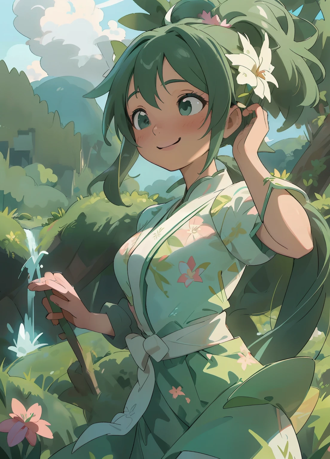 (masterpiece、Highest quality、Highest quality、Official Art、Beautiful and beautiful:1.2)、(One girl:1.3)Hatsune Miku、Twin tails,Beautiful breasts,masterpiece、Ultra-detailed、Intricate details、Realistic texture、Concave and Convex of the Human Body、Realistic details、Highest quality、Surrealist works、Women are detailed and realistic、The cutting edge of graphic art、On Kauai there are women who perform traditional dances.。She wears a floral garland and a robe of grass.、He has a bouquet in his hand。Her face looked bright and happy..、The dance movements are graceful and beautiful.。She dances as if celebrating the nature and culture of Kauai.。 Graphic art background、You can see Mount Waialeale。The summit is covered in thick clouds.、There is a mysterious atmosphere。The mountainside features lush vegetation and waterfalls.。Pure、There is a rainbow in the sky.、Other names for Kauai「Garden Island」It represents the abundance of nature。