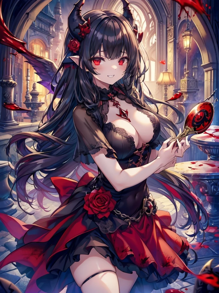 (Highest quality,4K,High resolution,masterpiece:1.2),Very detailed,Realistic:1.37,Spooky altar background,Dark fantasy,Red color scheme,Ominous atmosphere,Eye-catching,Storytelling,anatomy,Anime Style,Concept Art,beautiful細部までこだわった顔と (((Red eyes ))),Terrifying Ritual ,Satanic Ritual,Untimely Death,Unjust act,Crazy Smile,Scythe Face,Girl Monster, beautiful, Delicate facial features, Sharp Eye, Sharp Fangs, Pale skin, Thick chain, Dark Background, Cinema Lighting, Dramatic Shadows, Gothic style, Gloomy atmosphere, Dark fantasy, One Girl, , Please open your mouth wide, Open your mouth and baring your teeth,Sharp teeth like a beast, Wide lips, very wide mouth, Vermilion cheeks, ,(Blood splatter:1.4),Scary smile, laugh at,Fallen angel design, Twisted smile、Bloodstained、bleeding from the head,,、Blood splatter、,(Blood splatter:1.4),Crossbones, skull,Horror Style, ((Fantasy Fallen Angel Costume)), ((Flowing black hair)), ,(Blood splatter:1.4),Female curves, Sexy flat stomach, Perfect hands, Perfect anime face, ((White Lolita Dress)), Are standing, ((Wicked Smile)), ,(Blood splatter:1.4), Steam circulates, Moonlight Illumination, night lighting, disaster々new devil horns,,(Blood splatter:1.6),アニメFallen angel design, Twisted smile、Bloodstained、bleeding from the head,,、Blood splatter、,(Blood splatter:1.4),Crossbones, skull,Gothic architecture、Western architecture、Fantasy World、,Victorian cities, Skeleton Gaslight,