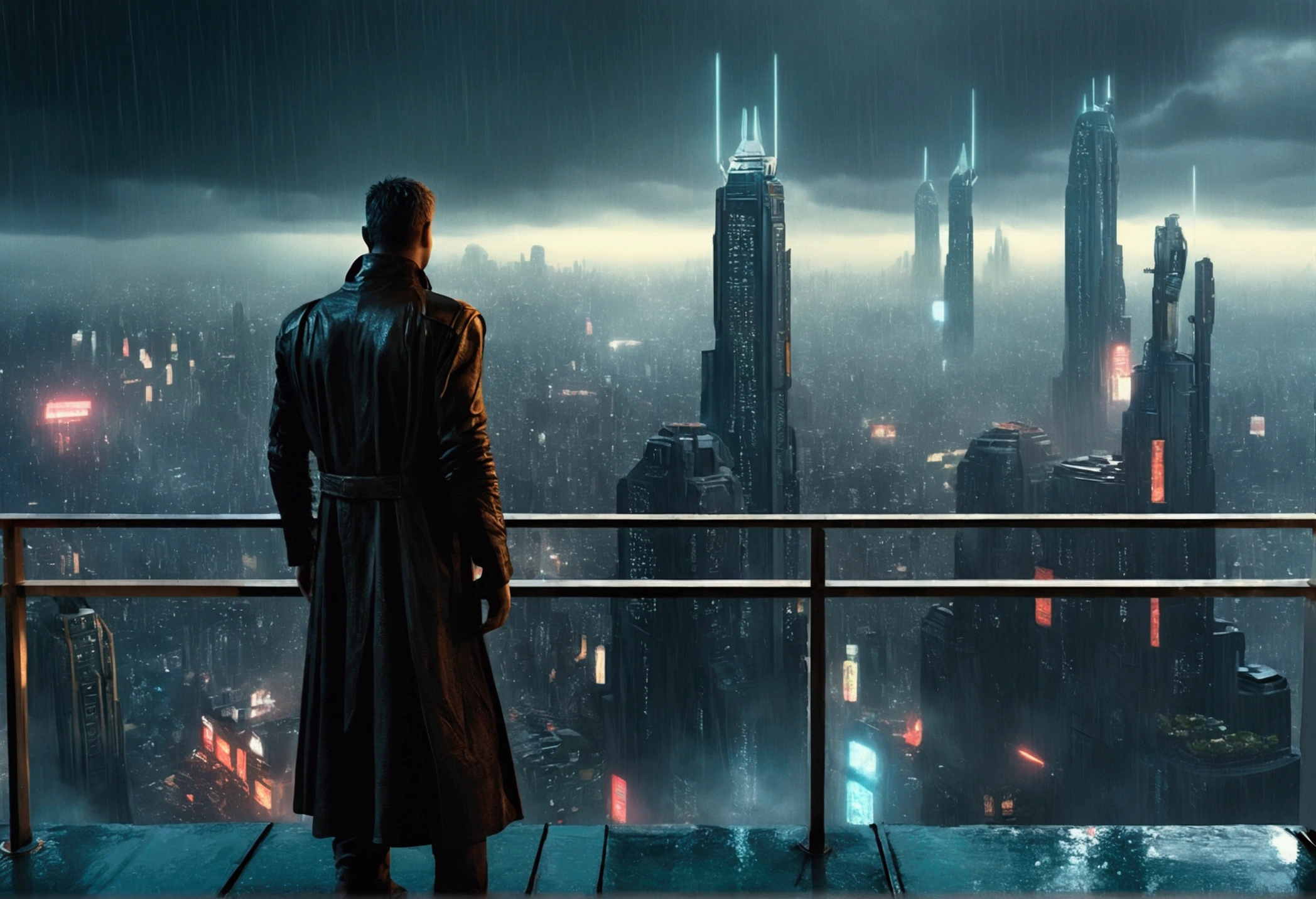A realistic image of a futuristic city inspired by the movie "Blade Runner", with a man standing on the terrace of a skyscraper overlooking the city. It is raining and the scene has a 16:9 aspect ratio (please include the terrace roof)), seen from three-quarter behind