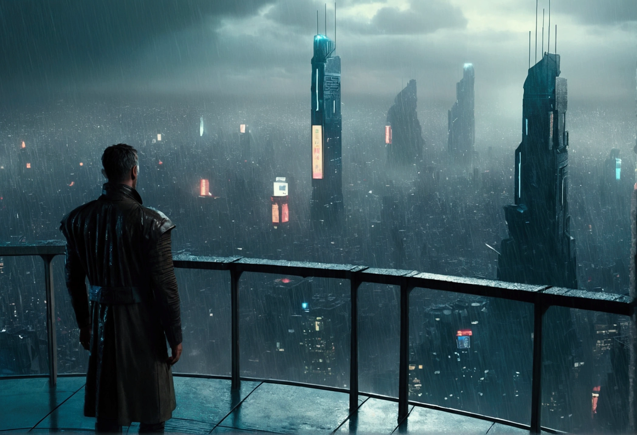 A realistic image of a futuristic city inspired by the movie "Blade Runner", with a man standing on the terrace of a skyscraper overlooking the city. It is raining and the scene has a 16:9 aspect ratio (please include the terrace roof)), seen from three-quarter behind